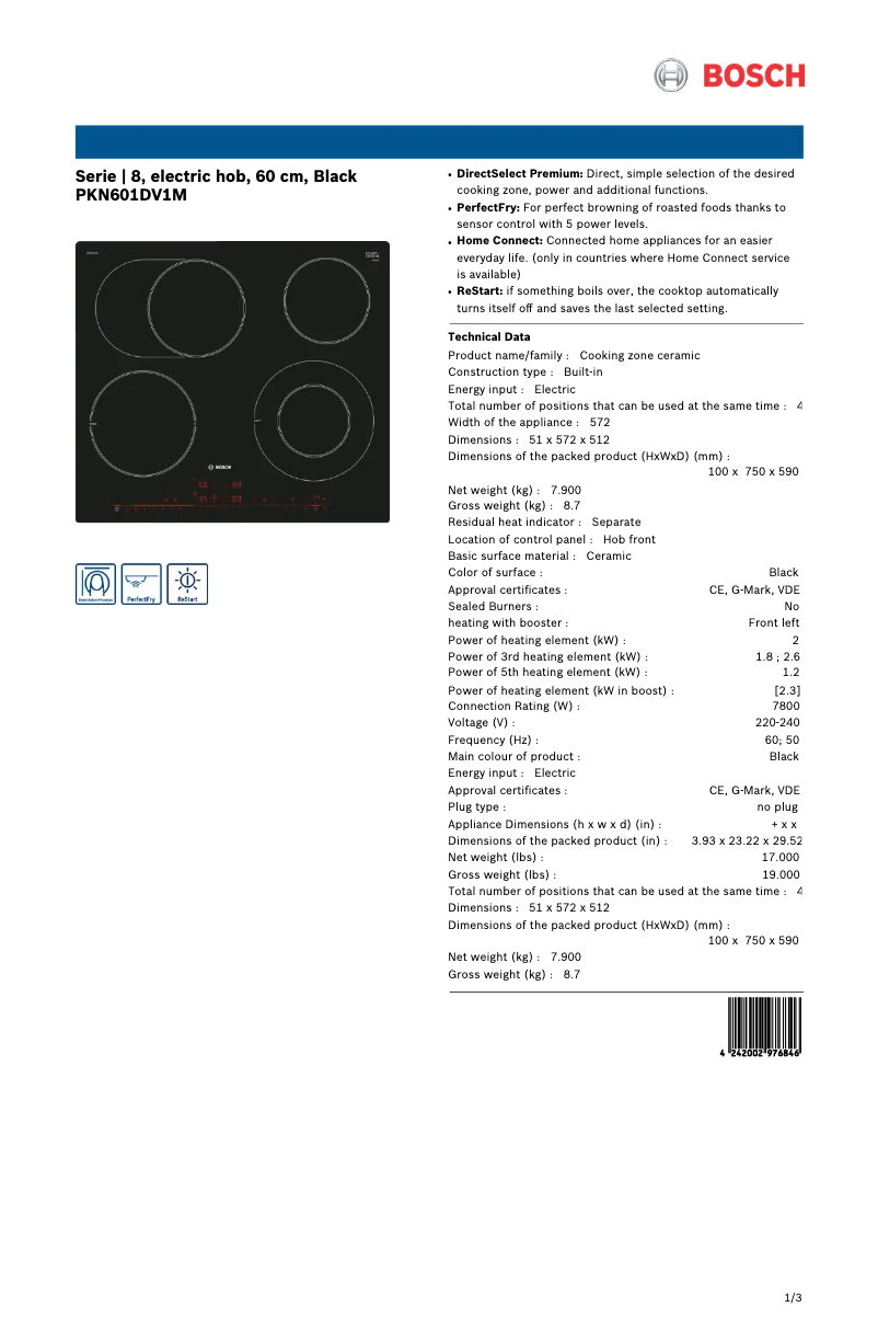 Página 1 del manual Ficha técnica Bosch PKN601DV1M