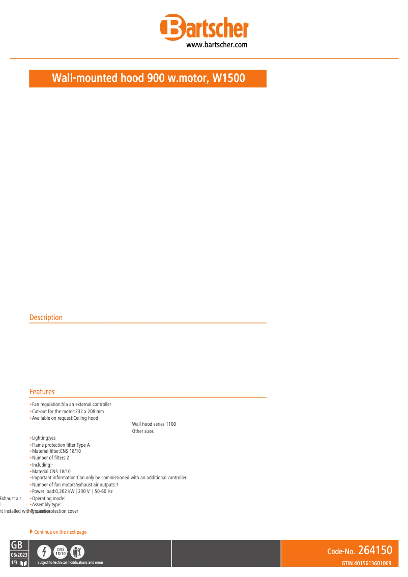 Page n°1 - Fiche technique Bartscher 264150