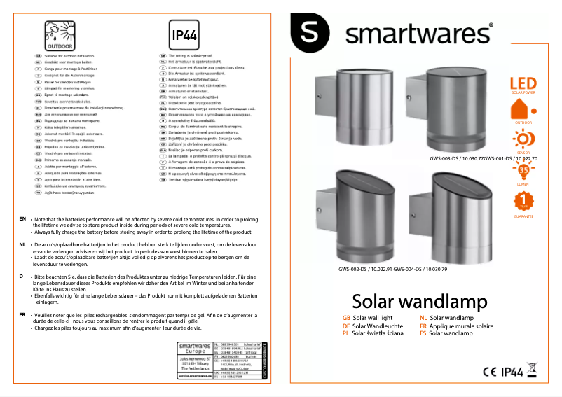 Page n°1 - Manuel utilisateur Smartwares GWS-001-DS