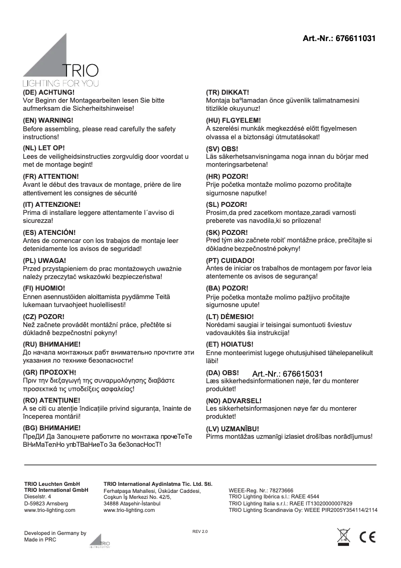 Page 1 de la notice Manuel utilisateur Trio Lighting Titus 676611031