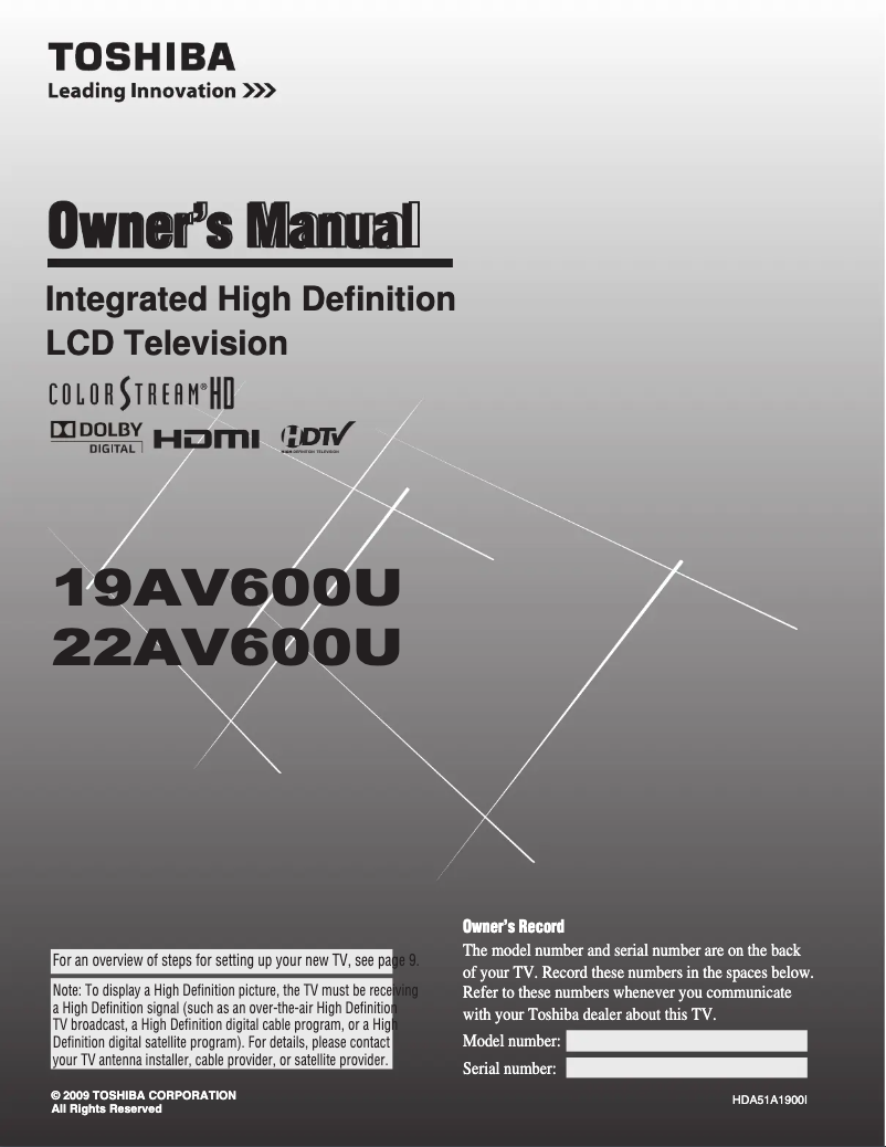 Page 1 de la notice Manuel utilisateur Toshiba 19AV600U