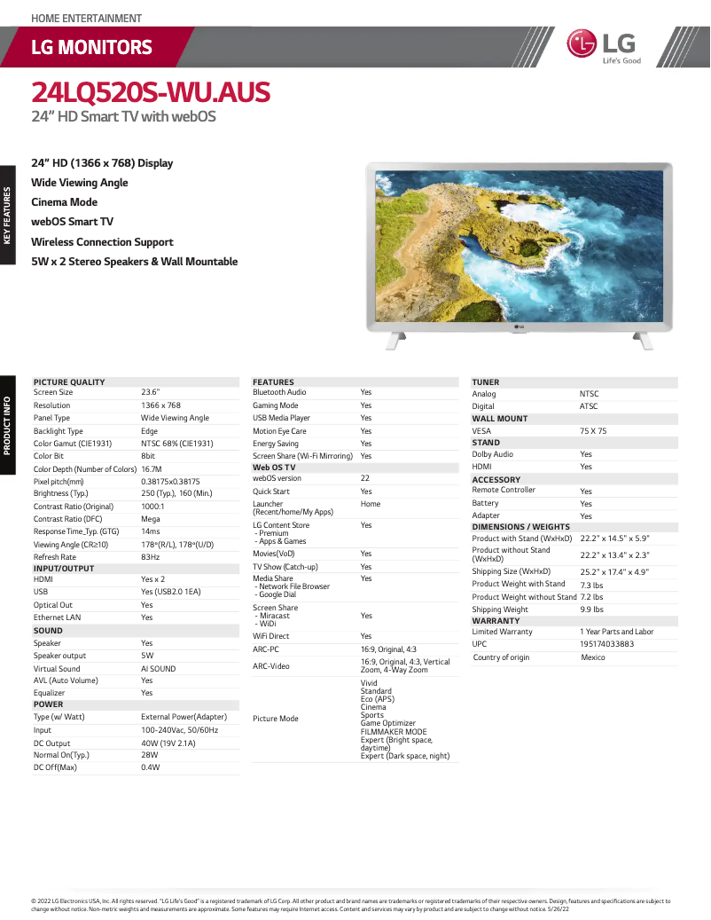 Page 1 de la notice Fiche technique LG 24LQ520S
