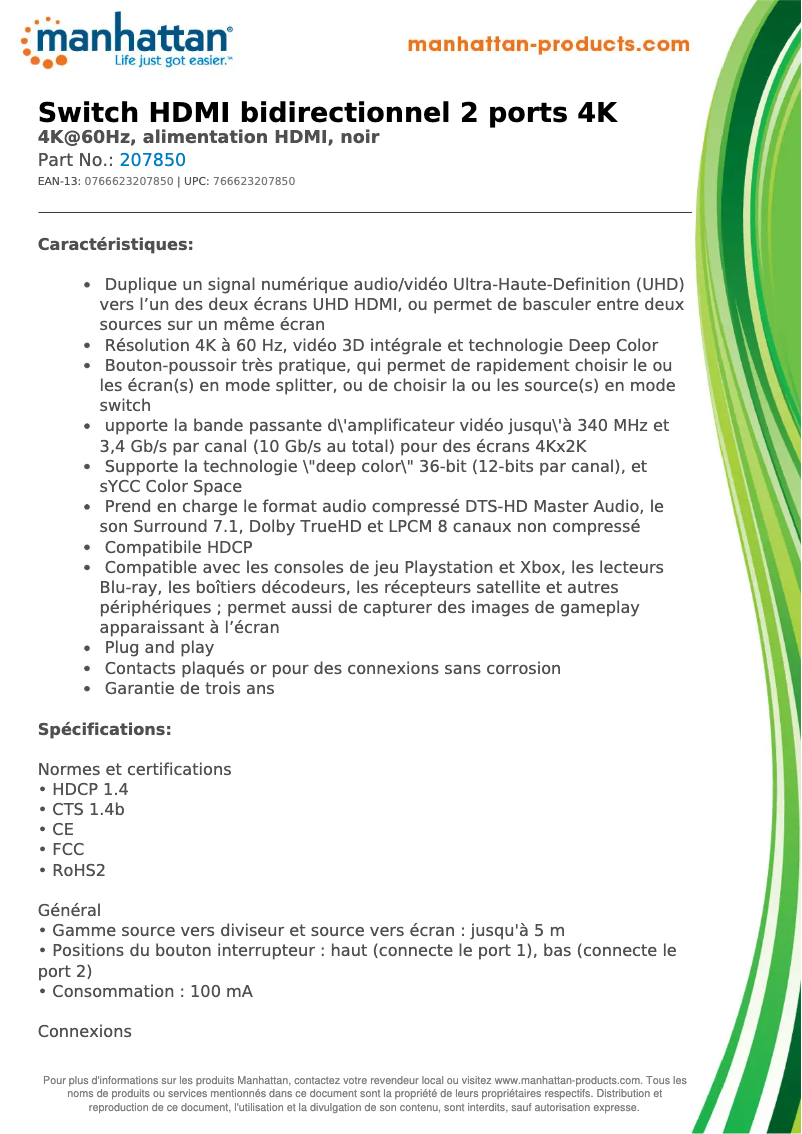 Page 1 de la notice Fiche technique Manhattan 207850