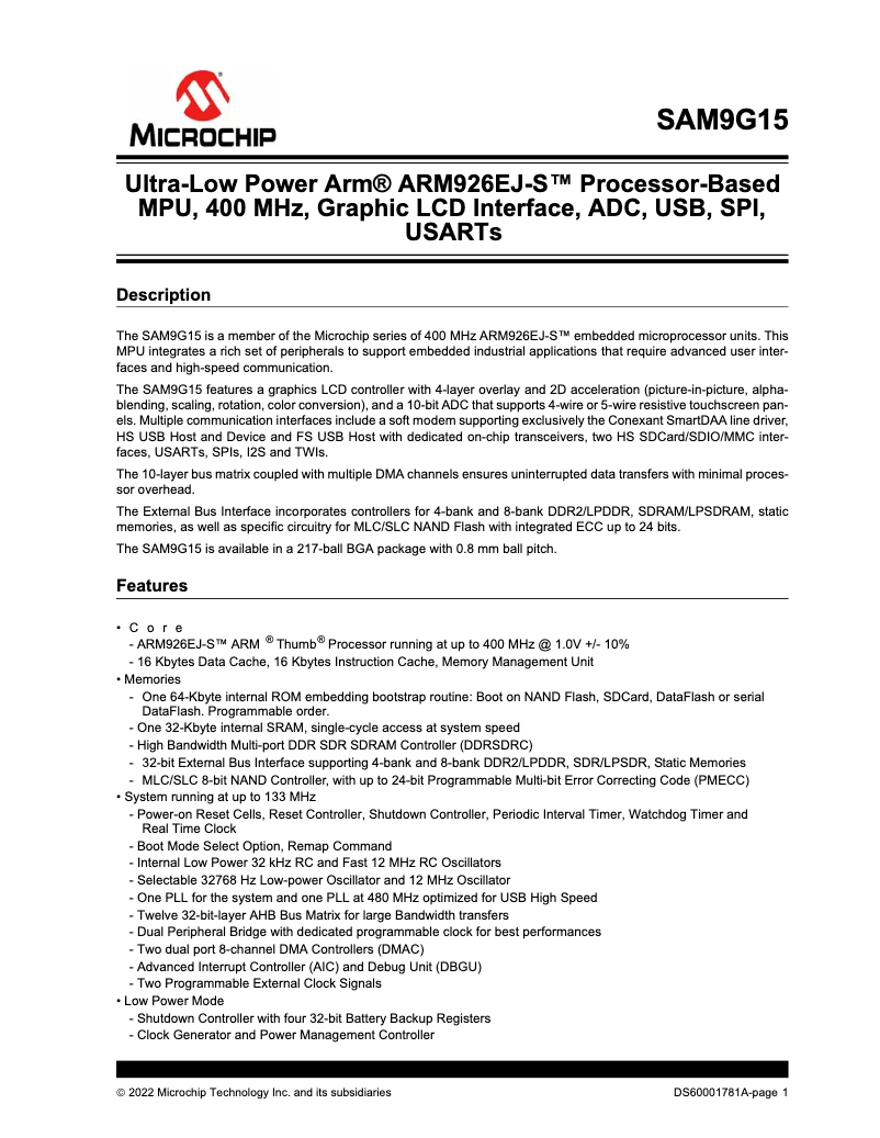 Página 1 del manual Ficha técnica Microchip AT91SAM9G15