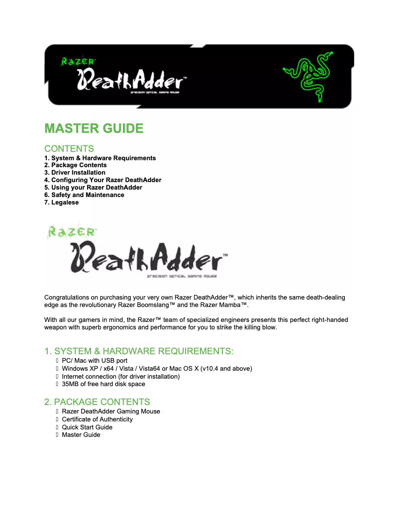 Page 1 de la notice Manuel utilisateur Razer DeathAdder Elite