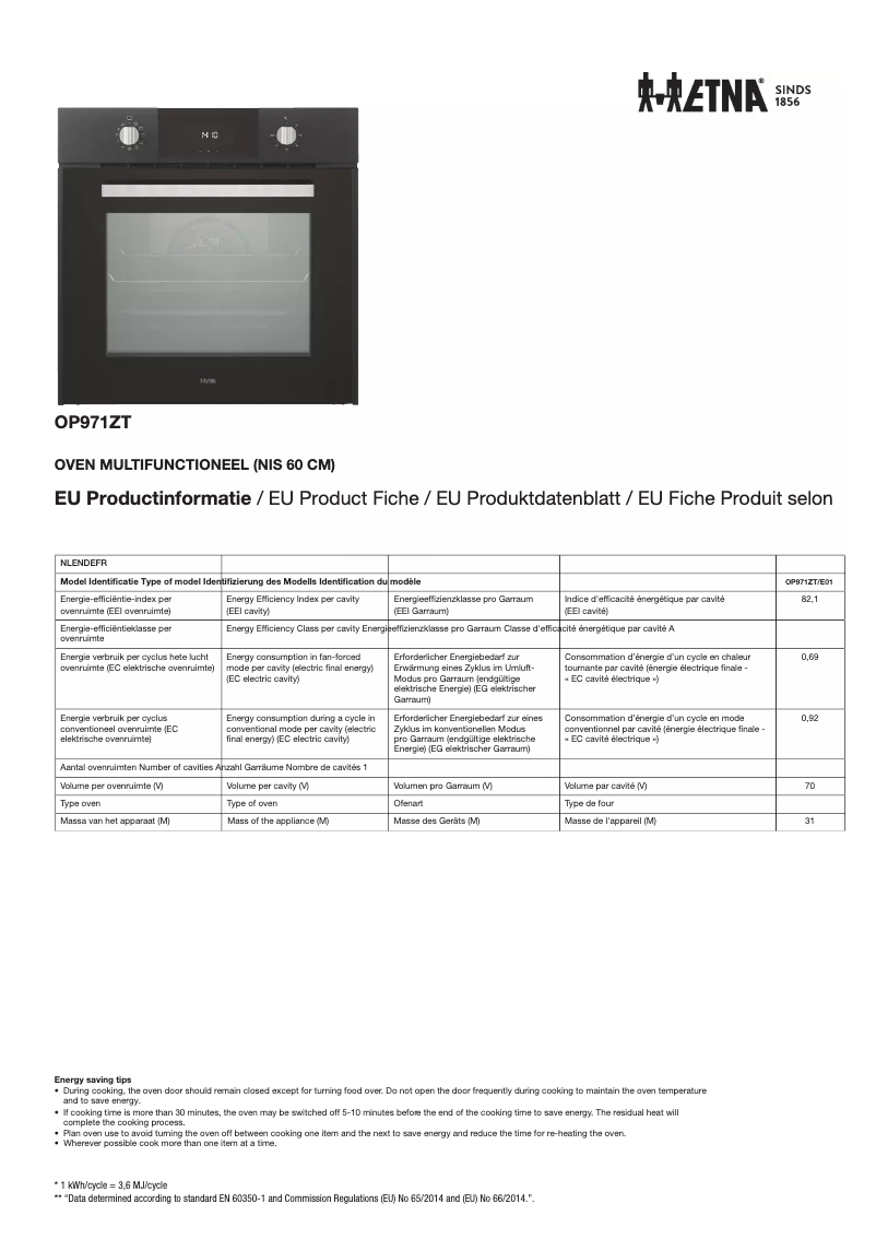 Page n°1 - Fiche technique Etna OP971ZT