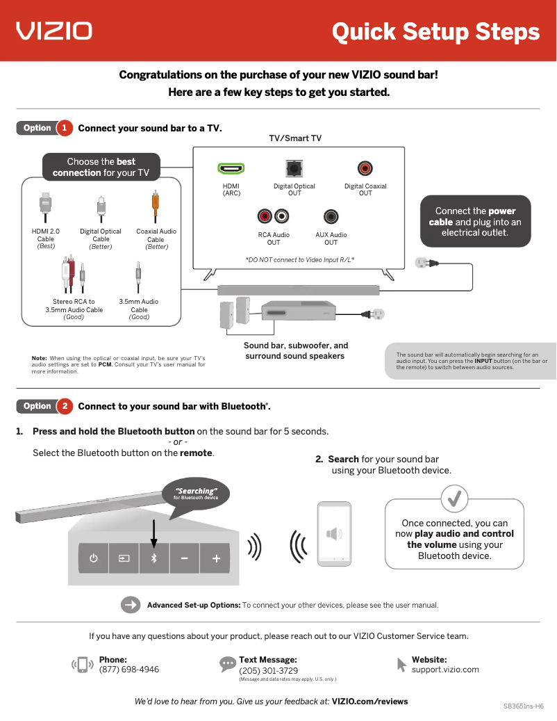 Page 1 de la notice Guide de démarrage rapide VIZIO SB3651ns-H6