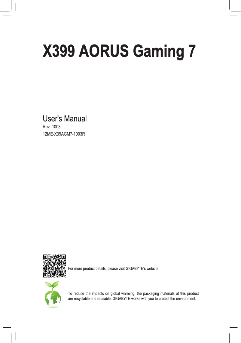 Page n°1 - Manuel utilisateur Gigabyte X399 AORUS Gaming 7