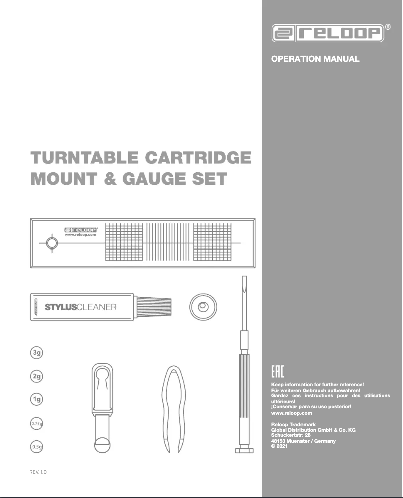 Page n°1 - Manuel utilisateur Reloop Turntable Cartridge Mount & Gauge Set