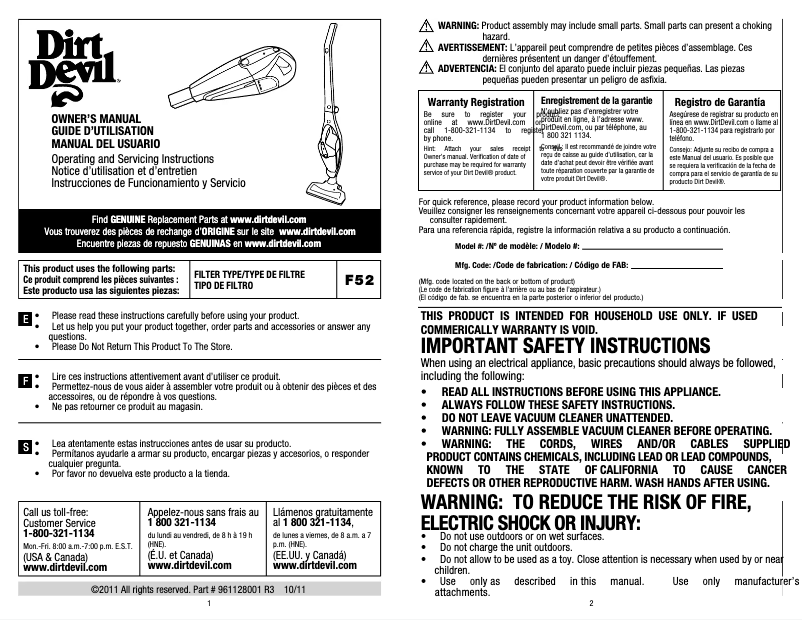 Page 1 de la notice Manuel utilisateur Dirt Devil Quick Flex BD20050