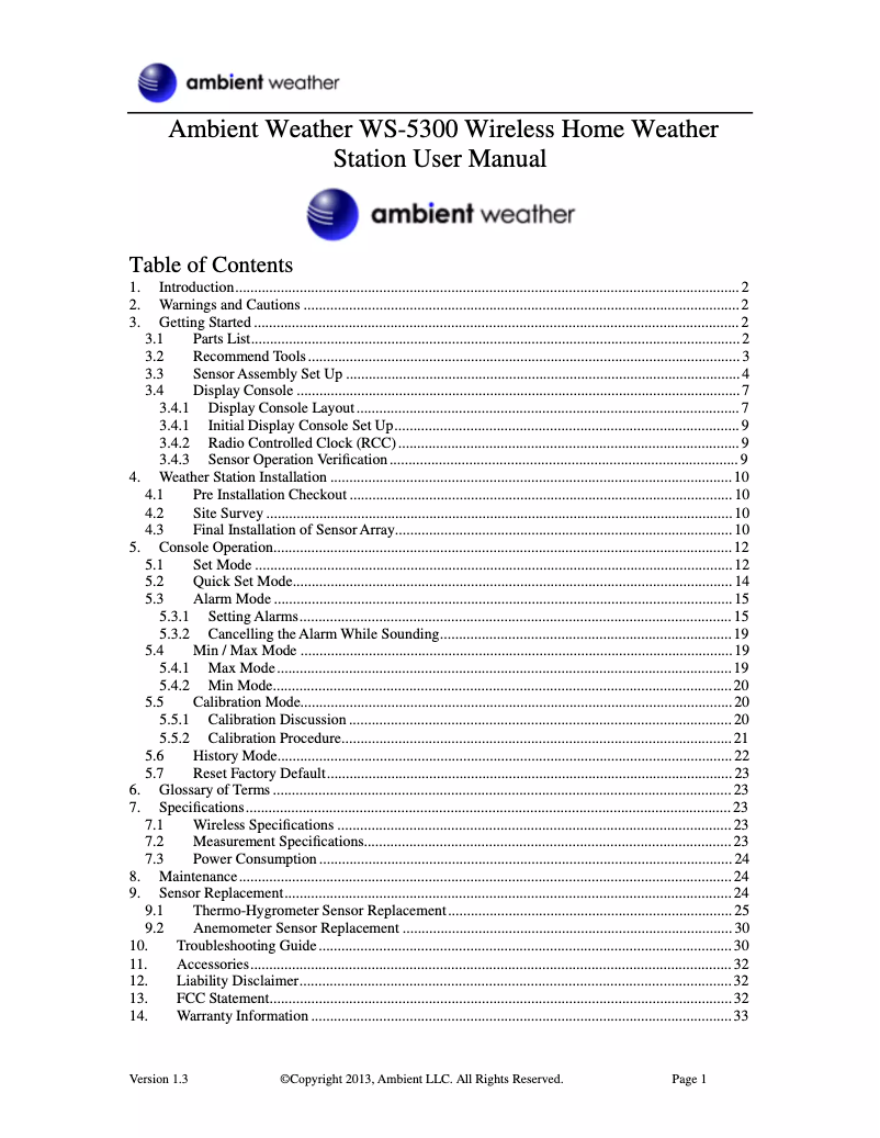 Page n°1 - Manuel utilisateur Ambient Weather WS-5300