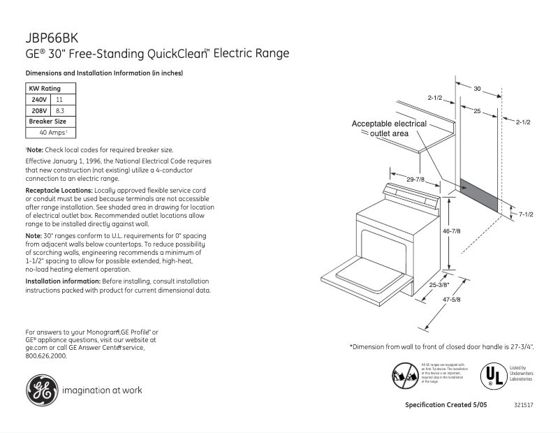 Page 1 of the manual Technical Sheet GE JBP66BKWH
