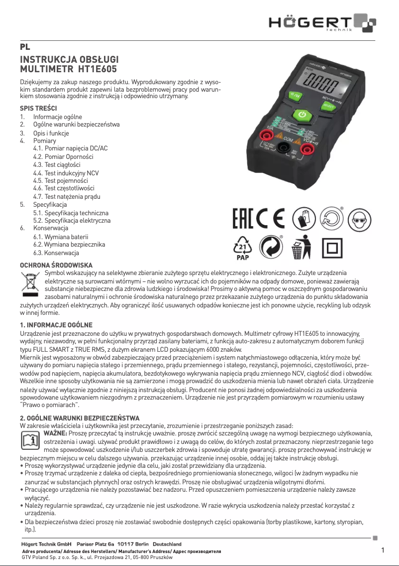 Page 1 de la notice Manuel utilisateur Högert HT1E605