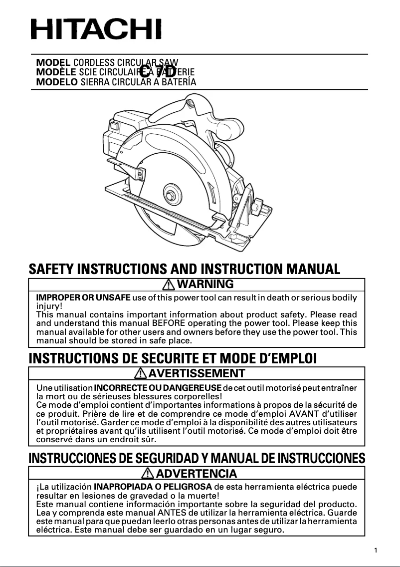 Page 1 de la notice Manuel utilisateur Hitachi C 7D