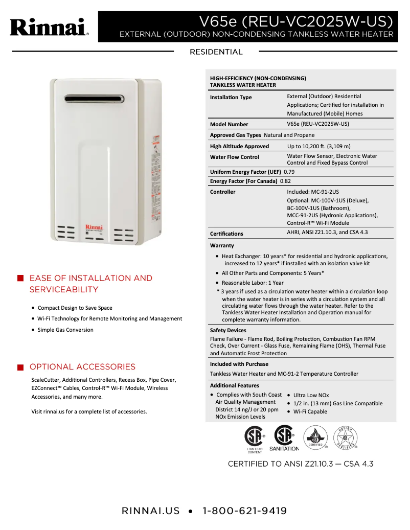 Page 1 de la notice Fiche technique Rinnai V65eP
