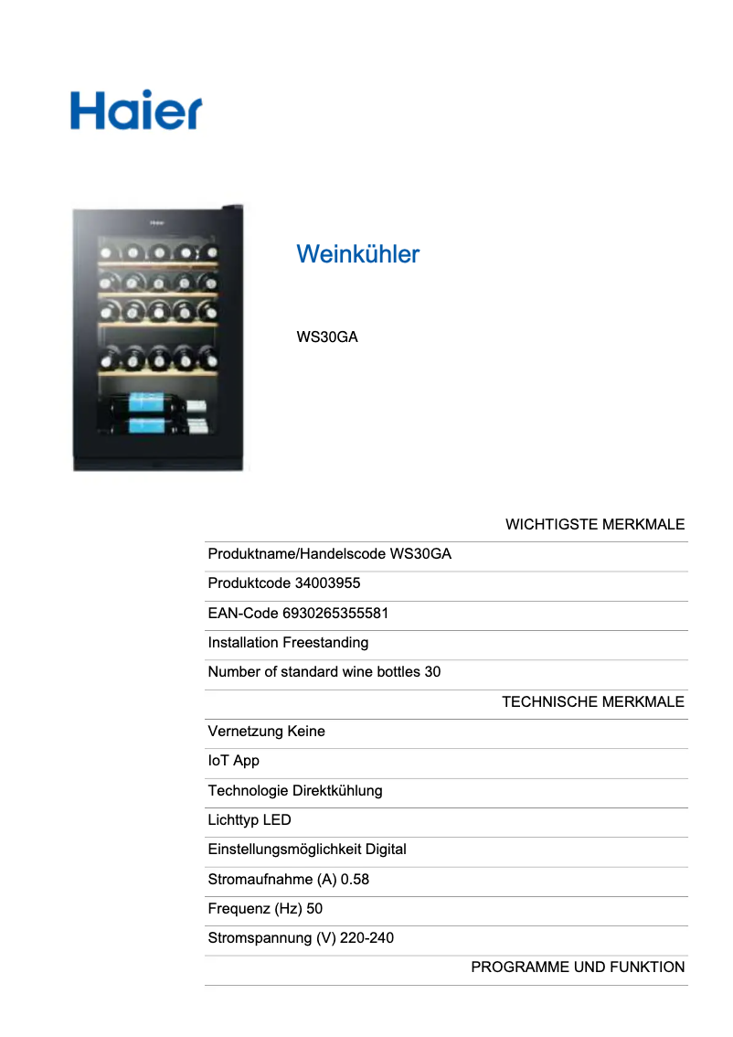 Page n°1 - Label énergétique Haier WS30GA