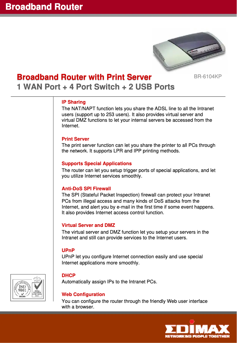 Page 1 de la notice Fiche technique Edimax BR-6104KP