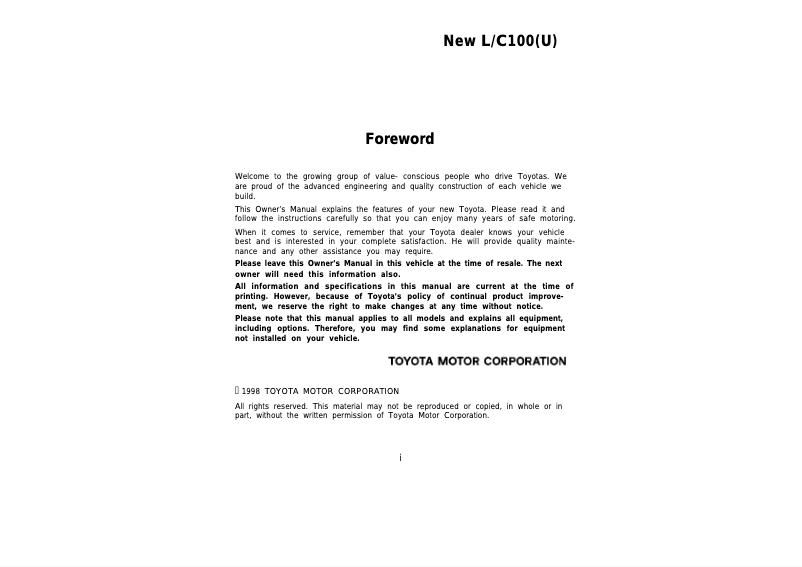 Page 1 de la notice Manuel utilisateur Toyota Land Cruiser (1999)