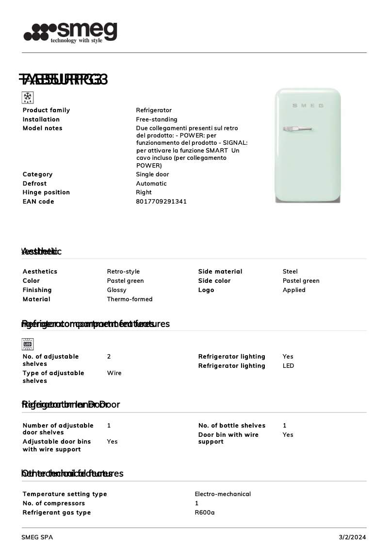 Page 1 de la notice Fiche technique Smeg FAB5URPG3