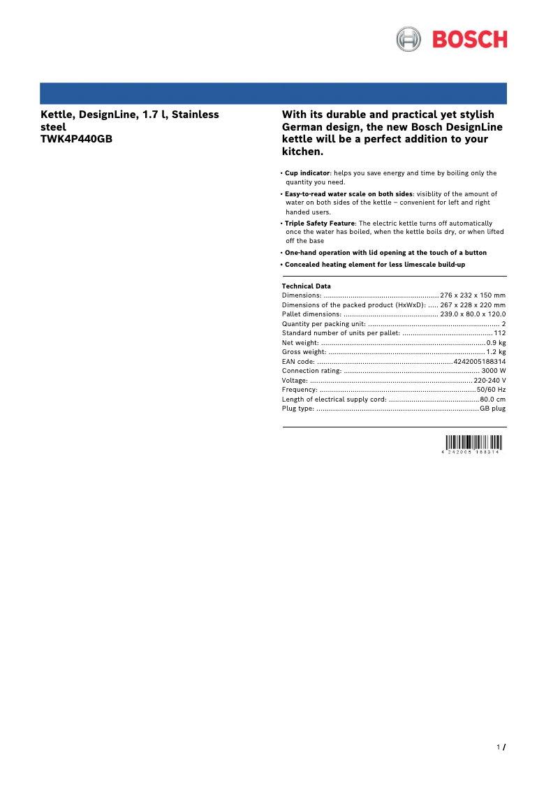 Página 1 del manual Ficha técnica Bosch DesignLine TWK4P440