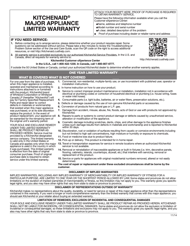 Página 1 del manual Información de garantía KitchenAid KSEG700ESS