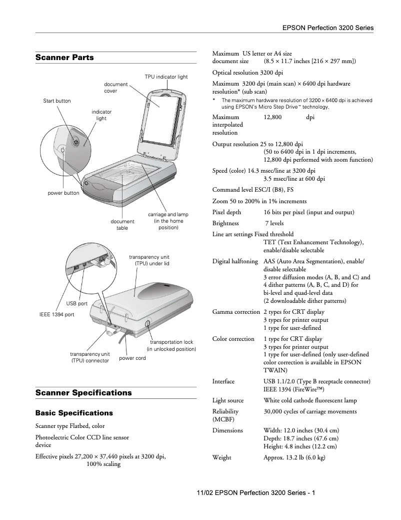 Página 1 del manual Ficha técnica Epson Perfection 3200 Pro