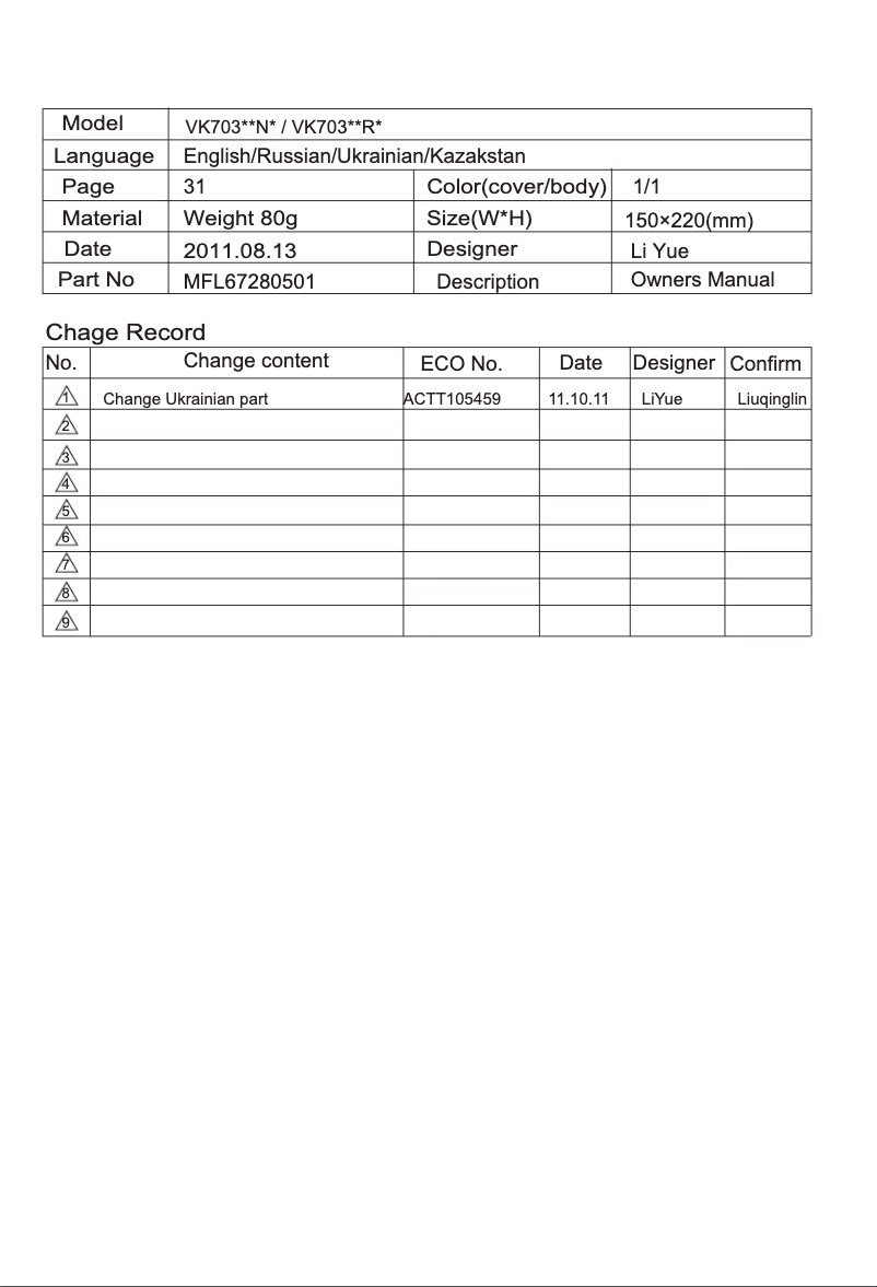Page 1 de la notice Manuel utilisateur LG VK70363N
