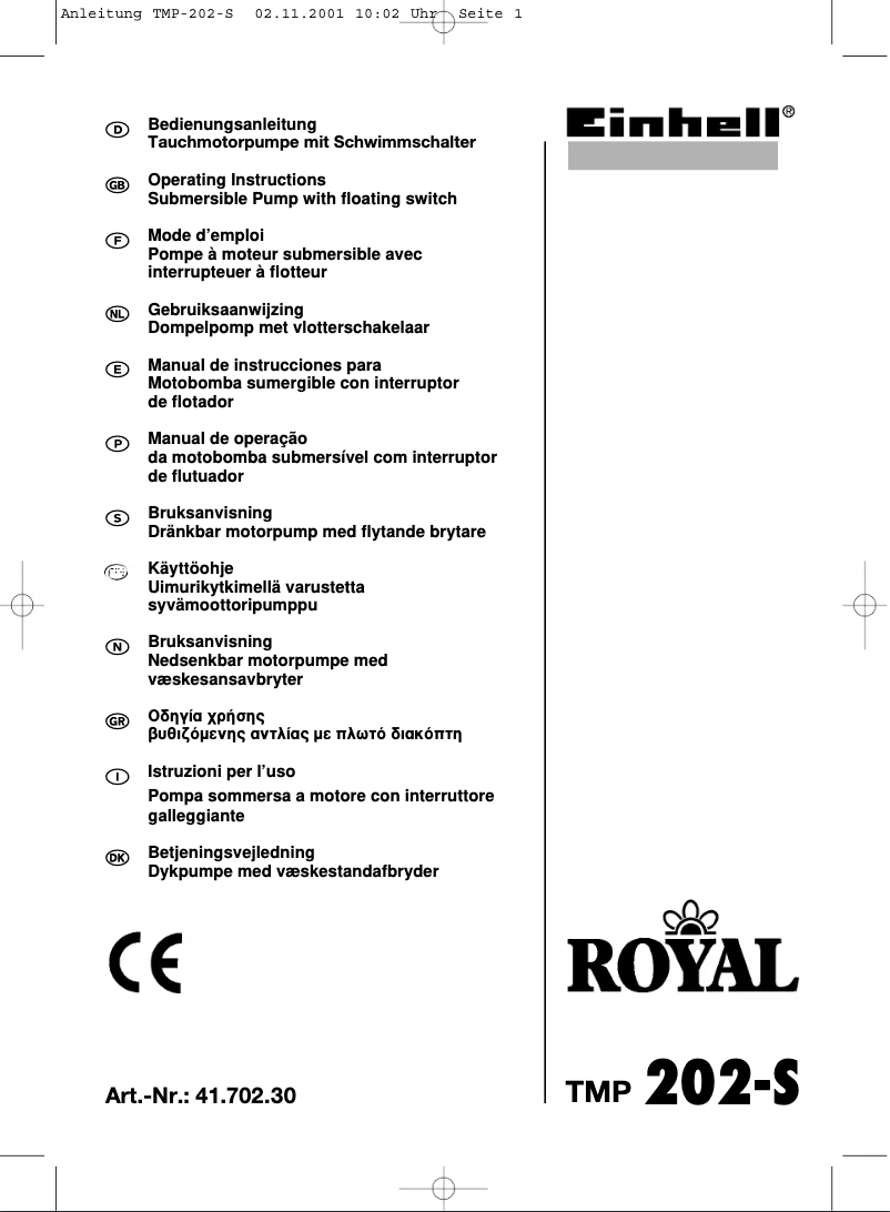 Page n°1 - Manuel utilisateur Einhell Royal TMP 202-S