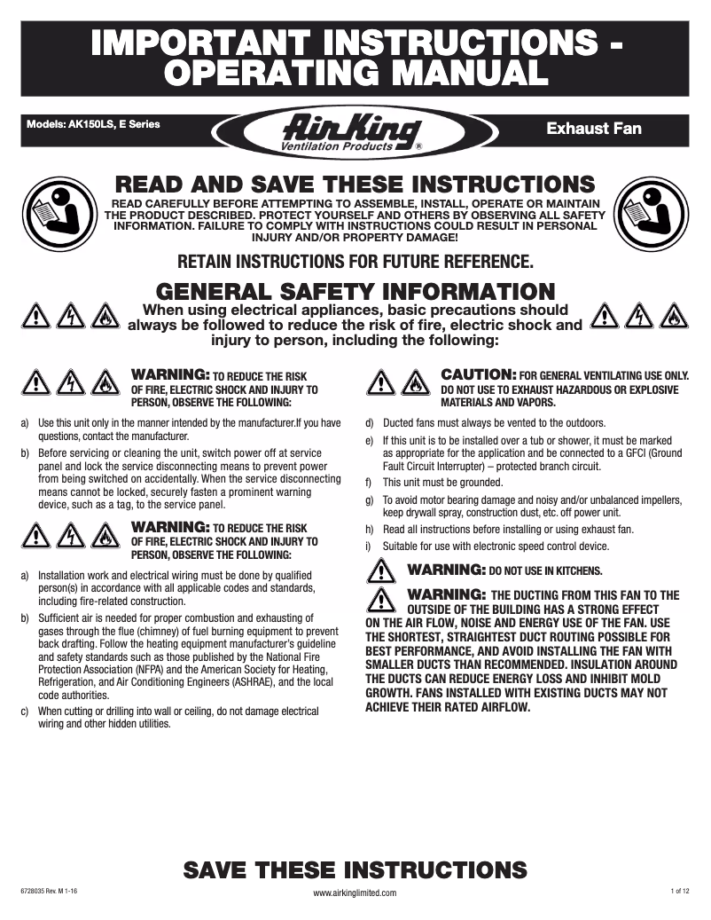 Page n°1 - Manuel utilisateur Air King E80SG