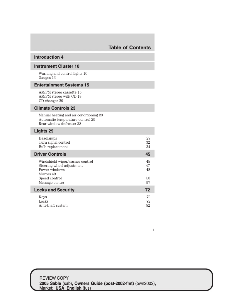 Page 1 de la notice Manuel utilisateur Mercury Sable (2003)