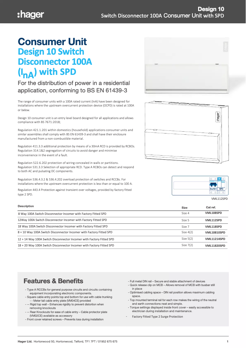 Page n°1 - Fiche technique Hager VML112SPD