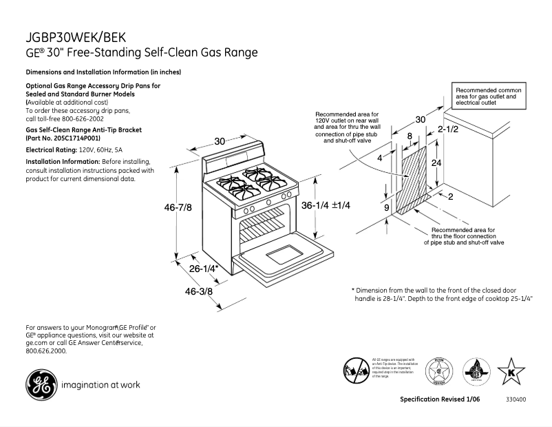 Page 1 of the manual Technical Sheet GE JGBP30BEKBB