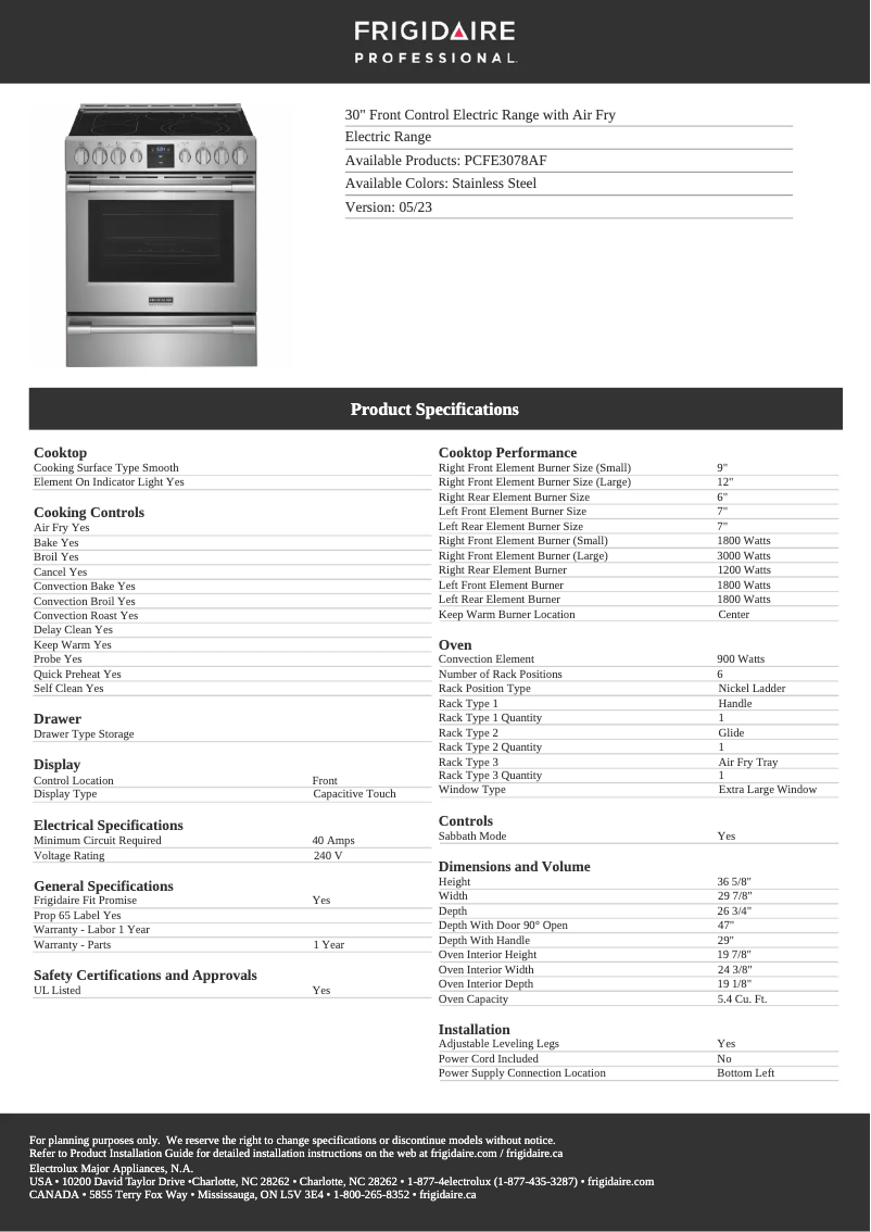 Page n°1 - Fiche technique Frigidaire PCFE3078AF