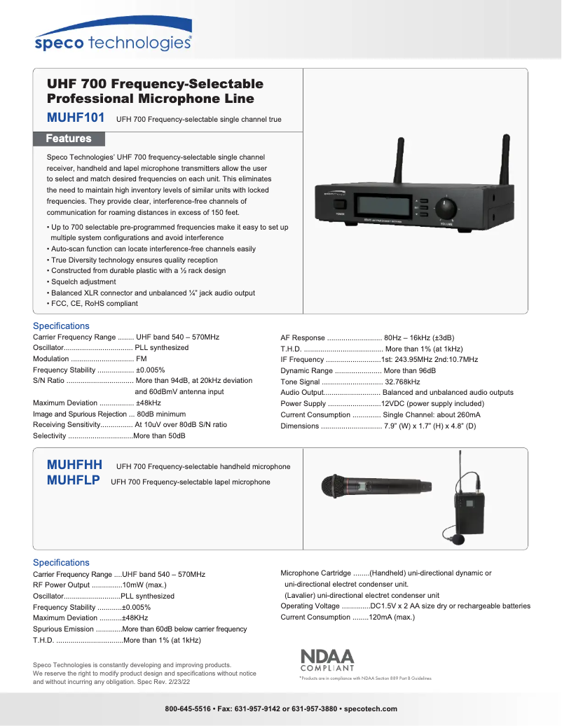 Page n°1 - Manuel utilisateur Speco Technologies MUHF101