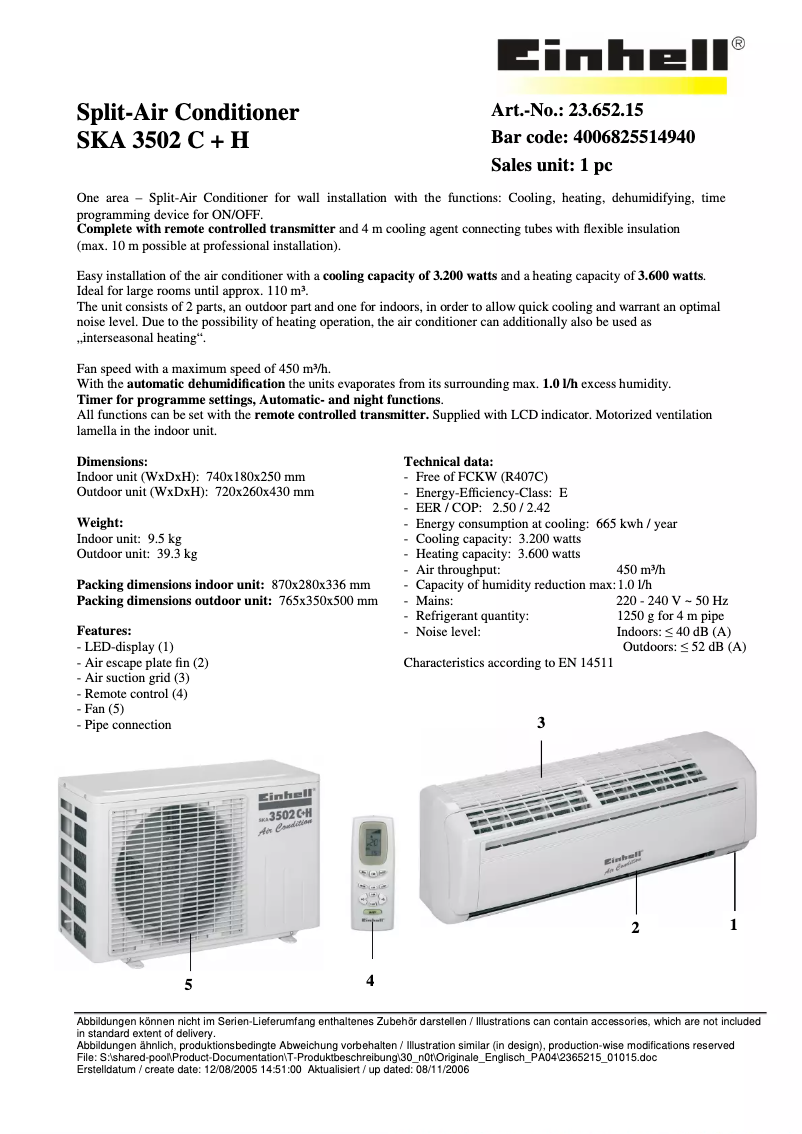 Página 1 del manual Ficha técnica Einhell SKA 3502 C+H