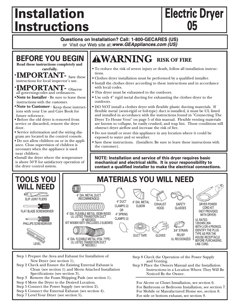 Page n°1 - Guide d'installation GE DBXR463EGWW
