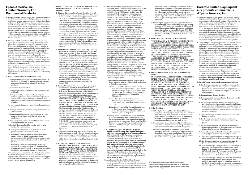 Page 1 de la notice Informations de garantie Epson OmniLink TM-H6000IV-DT