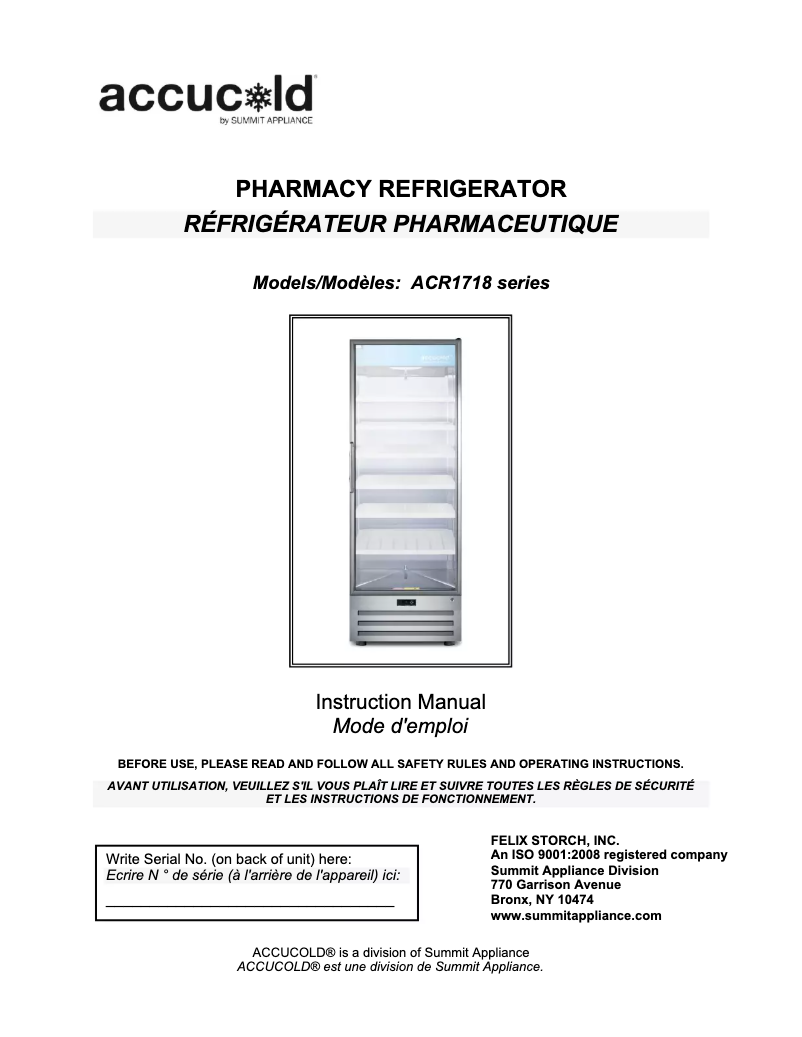 Page 1 de la notice Manuel d'utilisation et d'entretien Summit Accucold ACR1718LH