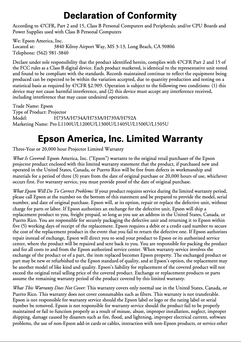 Página 1 del manual Información de garantía Epson Pro L1100U