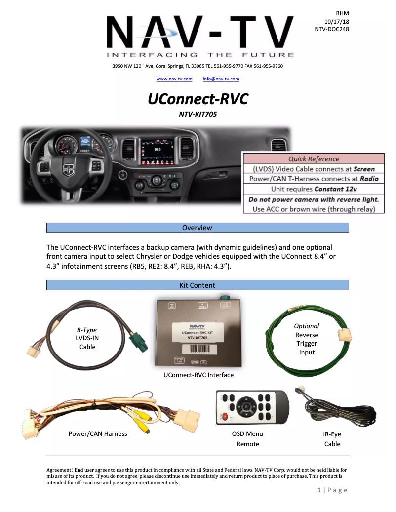 Page n°1 - Manuel utilisateur NAV-TV NTV-KIT705