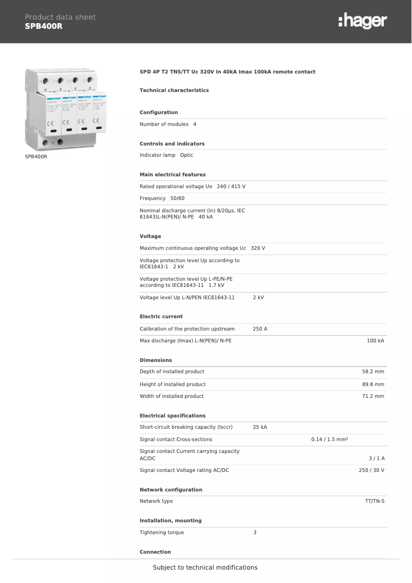 Page 1 de la notice Fiche technique Hager SPB400R