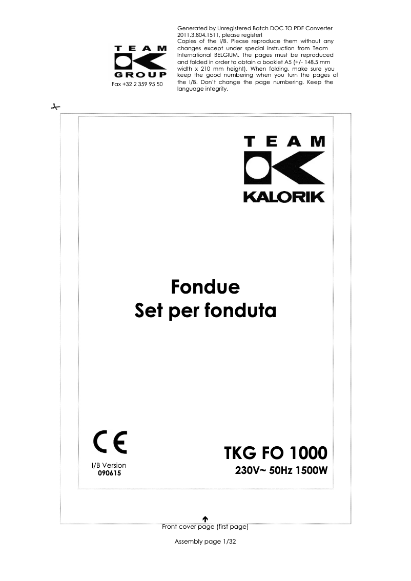 Page 1 de la notice Manuel utilisateur Kalorik TKG FO 1000