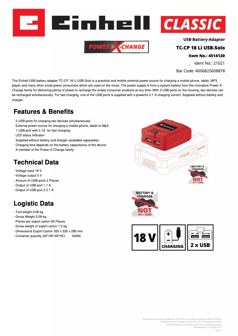 Page n°1 - Fiche technique Einhell TC-CP 18 Li USB