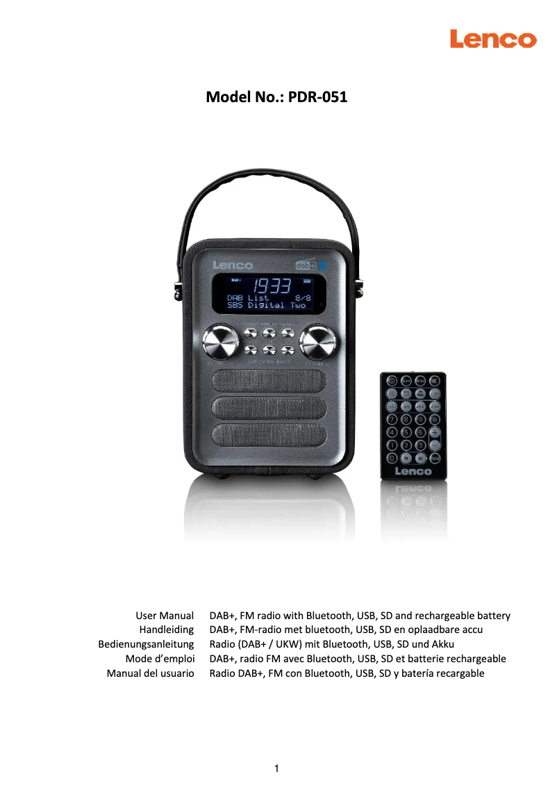 Page 1 de la notice Manuel utilisateur Lenco PDR-051