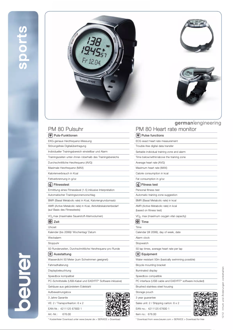 Page 1 de la notice Fiche technique Beurer PM 80