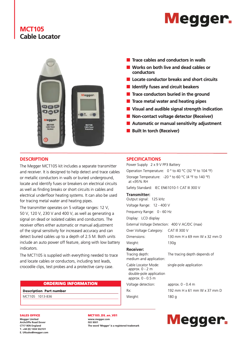 Page 1 de la notice Fiche technique Megger MCT105