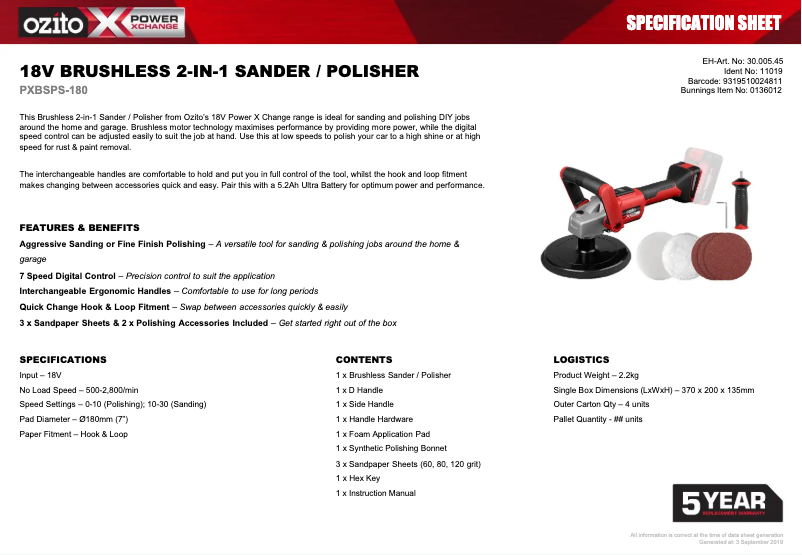 Página 1 del manual Ficha técnica Ozito PXBSPS-180