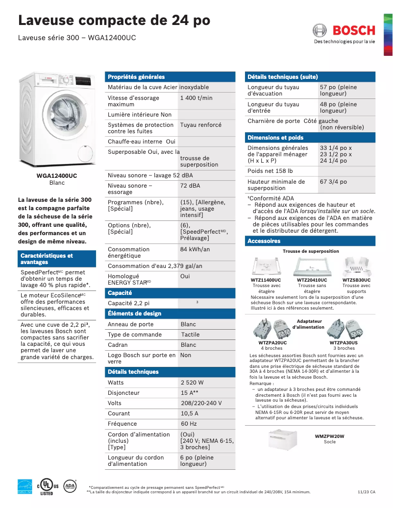 Página 1 del manual Ficha técnica Bosch WGA12400UC