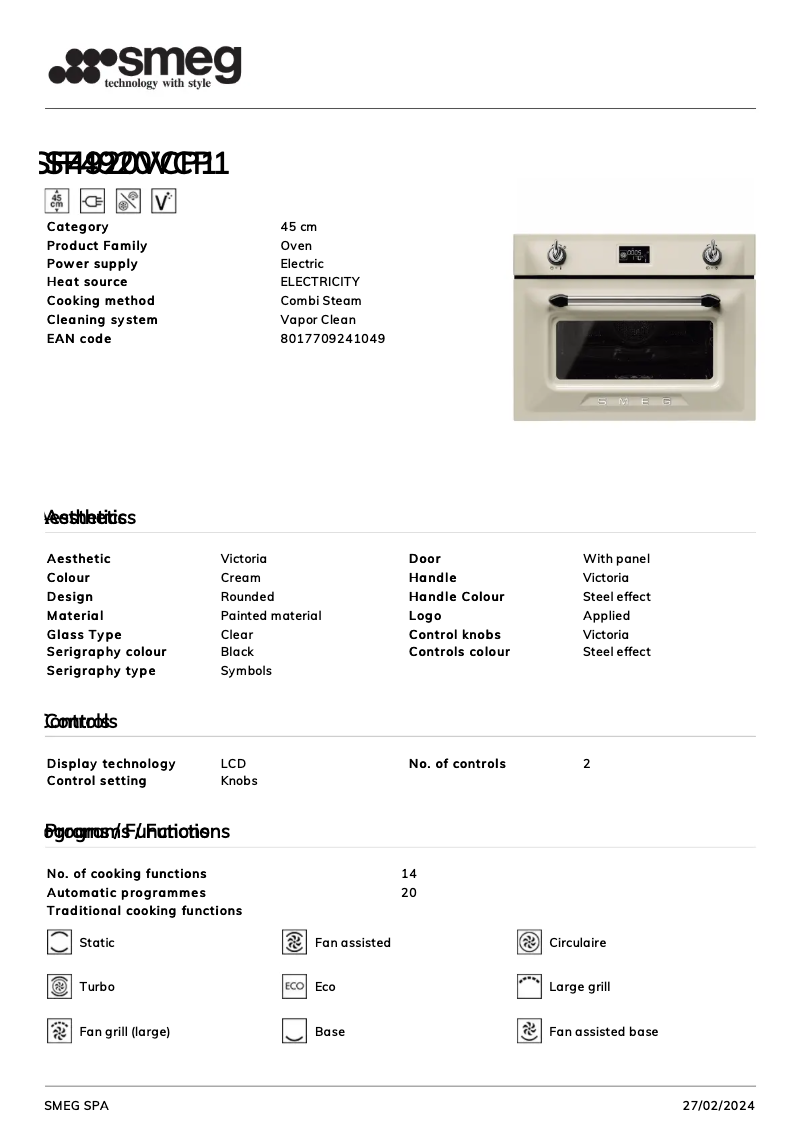 Page 1 de la notice Fiche technique Smeg SF4920VCP1