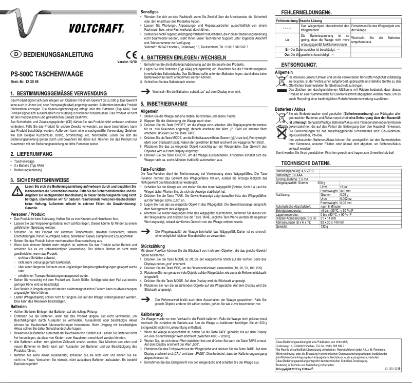 Page 1 de la notice Manuel utilisateur Voltcraft PS-500C